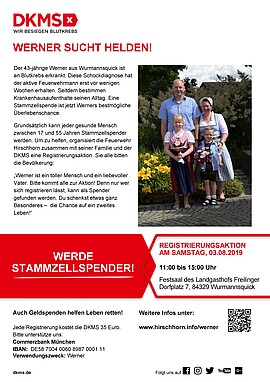 Banner Registrierungsaktion Stammzellspende für Werner Blindauer